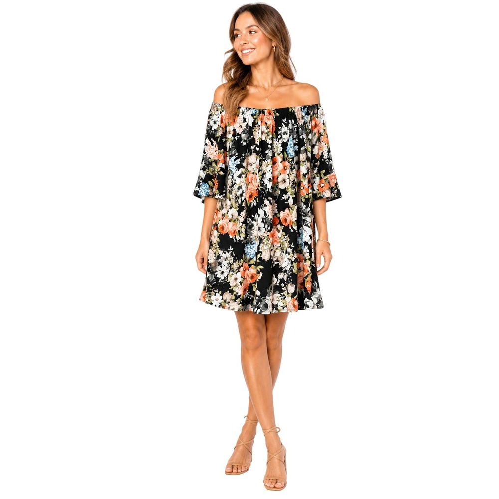 Persaya Mini Dress Womens‎ Medium Black Floral Off Shoulder Bell Sleeve